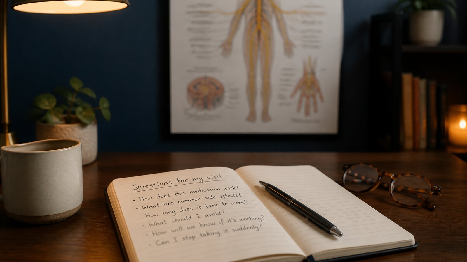 Notebook, pen, and reading glasses on a desk for clinic visit preparation